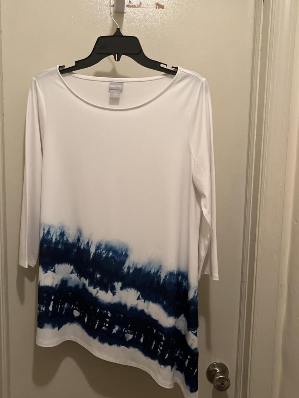 Chicos 1 Silky Asymetrical Top with Navy Tie-Dye Hem